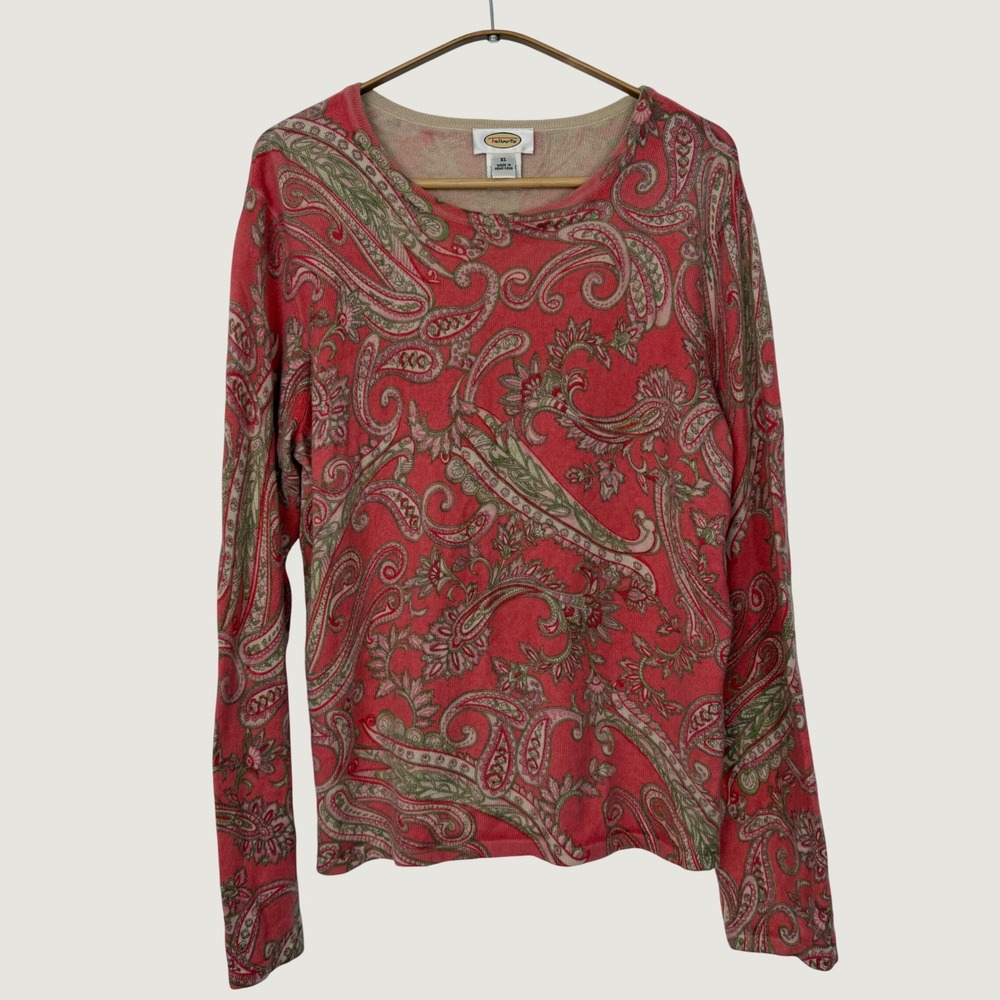 Talbots Womens XL Pink Paisley Cashmere Silk Blend Crew Neck Long Sleeve Sweater